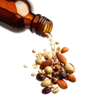 Nuts spilling from a brown bottle onto a clean transparent surface in a natural setting, Nuts pouring out from bottle over transparent background png