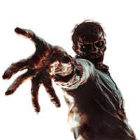 A terrifying zombie reaching out to capture its unsuspecting victim in a hauntingly transparent backdrop, Horror Zombie Reaching his Victim on transparent background png