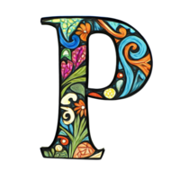 Decorative letter P adorned with vibrant floral patterns on a transparent background showcases artistic design and creativity, consonant letter b is used to make words on transparent backgroundfile png