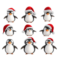Cute cartoon penguin set wearing Santa hats on a bright transparent background for festive cheer, 3D Cartoon Penguin Set in Santa Hats on transparent background png