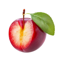 Half red cherry plum with a fresh green leaf isolated on a bright transparent background for culinary use, half red cherry plum with leaf isolated on transparent background png