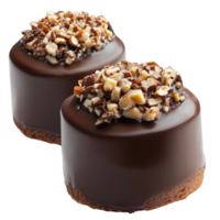 Delicious chocolate covered cakes topped with crushed nuts arranged on a clean surface, ready to be enjoyed at any time, chocolate covered cakes with crushed nuts isolated on transparent png