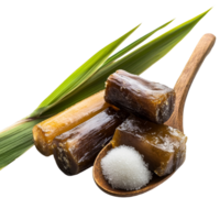 Sugarcane hard molasses and jaggery served in a rustic wooden spoon with fresh sugar and green leaves, Sugarcane Hard Molasses or Jaggery and sugar in spoon on transparent background png