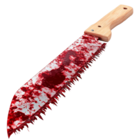 A bloody saw with a wooden handle isolated on a transparent background highlighting its sharp teeth, bloody saw isolated on transparent background png