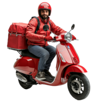 Delivery man riding a red scooter with a large delivery bag on a transparent background, a delivery man on his scooter on transparent background png