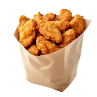 Delicious fried chicken tenders served in a paper bag on a clean transparent background for easy snacking, Fried Chicken tenders in paper bag isolated transparent background png