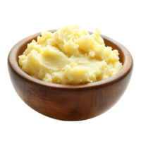 Creamy mashed potatoes served in a rustic wooden bowl against a clean transparent backdrop, Mashed potatoes in a wooden bowl on a transparent background png