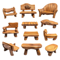 Unique handcrafted wooden furniture pieces displayed on a transparent background for an elegant showcase, Beautiful round wooden table isolated on a transparent background png