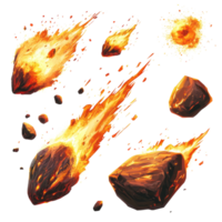 Fiery meteors streaking through space, burning rocks illuminated by flames, Set Fiery Meteors, Burning Space Rocks with Flames, Isolated on transparent background png
