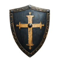 Medieval knight shield with cross design from the Dark Ages, showcasing rugged craftsmanship and historical significance, medieval shielddark ages knight shield isolated on transparent background png