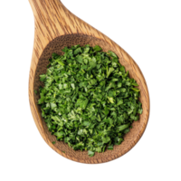 Dried chopped parsley in a wooden spoon on a clean transparent surface for culinary use and presentation, Dried chopped parsley in wood spoon on transparent background png