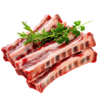 Fresh raw beef ribs isolated on transparent background with green herbs, perfect for grilling and barbecuing at home, Isolated fresh raw beef ribs meat part png