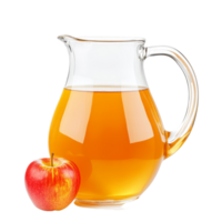 Fresh apple juice in a clear pitcher next to a ripe red apple against a transparent background, Apple juice in a pitcher isolated png