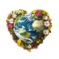 A globe shaped like a heart, embraced by colorful flowers symbolizing love for our planet, earth globe with heart shape surrounded by flower isolated on solid transparent background png