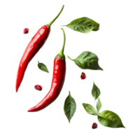 Vibrant red chili peppers and fresh green leaves arranged on a transparent background creating a striking culinary composition, chili with leaf on transparent background png