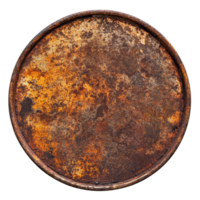 Rusty round metal plate isolated against a transparent background showcasing a weathered texture and aged appearance, rusty metal plate isolated on transparent background png
