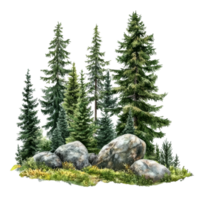Spruce forest landscape featuring isolated rocks amid lush greenery on a bright day, spruce forest with rocks, file of isolated object on transparent background png