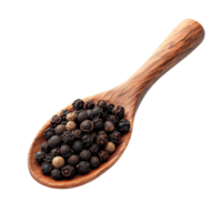 Black peppercorns in a wooden spoon against a transparent background for culinary use, Black pepper corns in wood spoon isolated on transparent background top view png