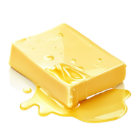 Melting butter drizzles on a smooth transparent surface with a reflective sheen in bright lighting, A piece of melting butter isolated png