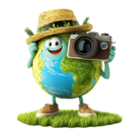 Globetrotting Earth character with a camera exploring diverse landscapes around the world during daytime adventures, Globetrotting Earth Character with Camera Travel Concept on transparent background png