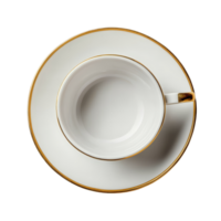Top view of an empty porcelain cup with saucer isolated on a transparent background for elegant table setting ideas, Top view of empty porcelain cup with saucer isolated on transparent background png
