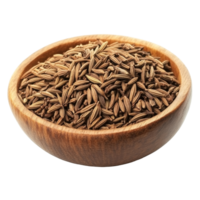 Caraway seeds displayed in a wooden bowl with a transparent background for culinary and health purposes, Caraway seeds in wood bowl isolated on transparent background png