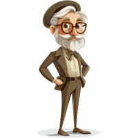A wise cartoon professor character posing confidently against a simple transparent background with a touch of artistic flair, Cartoon Professor Character on transparent background png