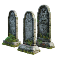 Isolated tombstones on a transparent background showcasing detailed engravings and mossy features, tombstones, file of isolated object on transparent background png