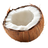 Young coconut isolated on a transparent background, showcasing its fresh interior and fibrous shell texture, Young sweet coconut isolated on transparent background png