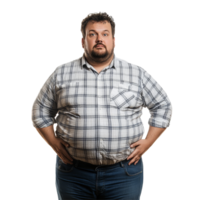 Portrait of an overweight man standing confidently with hands on hips against a plain transparent background, Overweight Man Portrait Isolated on transparent background png