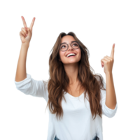A cheerful young woman with glasses joyfully pointing upwards against a transparent background in a casual setting, Cheerful Young Woman Pointing Upwards on transparent background png