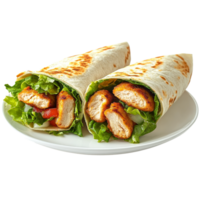 Delicious crispy chicken wrap featuring fresh vegetables served on a transparent plate against a transparent background, Crispy Chicken Wrap on Plate transparent background png