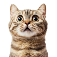 Surprised cat with wide eyes looking curiously at the camera against a clean transparent background, surprised cat isolated transparent background png