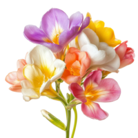 A vibrant arrangement of assorted freesia flowers in mixed colors showcasing their beauty and elegance, freesia flowers in a floral arrangement isolated on transparent background png
