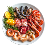 A colorful seafood and meat platter arranged with fresh herbs and citrus on a transparent dish, Dish containing both seafood and meat top view isolated on transparent background png