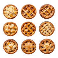 A delightful collection of freshly baked apple pies arranged in a grid pattern on a transparent surface for a stunning top view display, Apple pies top view isolated on transparent background png