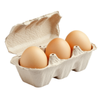 Egg carton with three brown eggs isolated on a transparent background showcasing a classic culinary staple, egg carton isolated on transparent background png