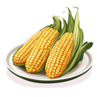 Freshly harvested corn on a plate with green leaves placed on a transparent background in a natural light setting, Popcorn in plate on transparent background png
