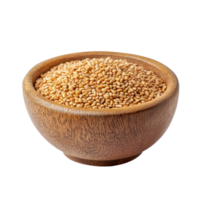 Wheat germ in a wooden bowl on a clean transparent background, showcasing its texture and color in a simple presentation, Wheat germ in wood bowl on transparent background png