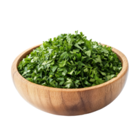 Dried parsley in a wooden bowl on a transparent background showcasing natural herbs and spices for culinary use, dried parsley in wood bowl isolated on transparent background png