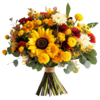 Bright spring bouquet featuring sunflowers, marigolds, and chrysanthemum transparent for any occasion, Bouquet with Sunflowers, Marigolds, and Chrysanthemums on transparent background png