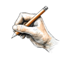 Closeup view of a hand holding a pencil while sketching an artistic creation on a blank surface, Hand holding pencil, drawing, sketching, writing POV, isolated on transparent png