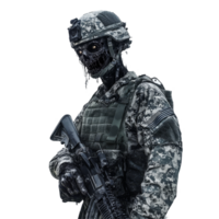 A military zombie stands in a static pose, holding a weapon against a stark transparent background, Military zombie on transparent background png