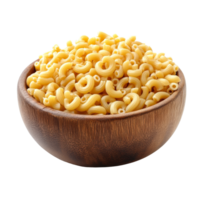 A generous pile of raw macaroni rests in a wooden bowl, beautifully showcased against a clean transparent backdrop, Pile of raw macaroni in wood bowl isolated on transparent background png