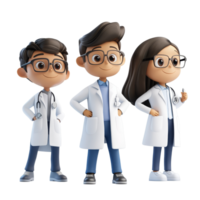 A group of cartoon students in lab coats preparing for a science project at a school lab during the day, Group of 3D cartoon character student wearing scientific lab coat isolated on transparent png