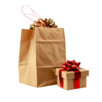 Colorful gift boxes emerging from a festive paper bag on a clean transparent background, Gift boxes pop out from paper bag isolated on transparent background png