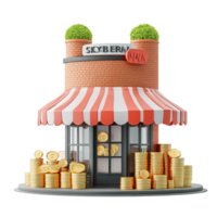 Charming storefront featuring vibrant red and transparent stripes with stacks of coins against a transparent backdrop, Charming Storefront with Coin Stacks on transparent background Small Business png