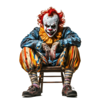 Scary clown sitting on a wooden chair with a sinister expression against a transparent background, Scary Clown Sitting on Chair Isolated on transparent background png