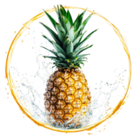 A vibrant pineapple surrounded by a refreshing water splash in a circular formation against a transparent background, Pineapple with water splash in circle shape isolated png