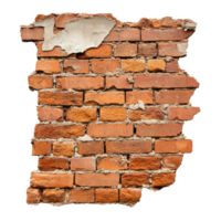Weathered red brick wall with cracks and collapsed sections in an urban setting, Ruined, collapsed, cracked, or broken weathered red brick wall transparent background png